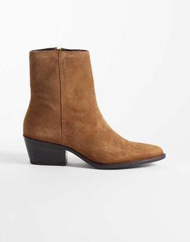 Mango Mango 100% suede leather heeled cowboy boots in camel-Neutral