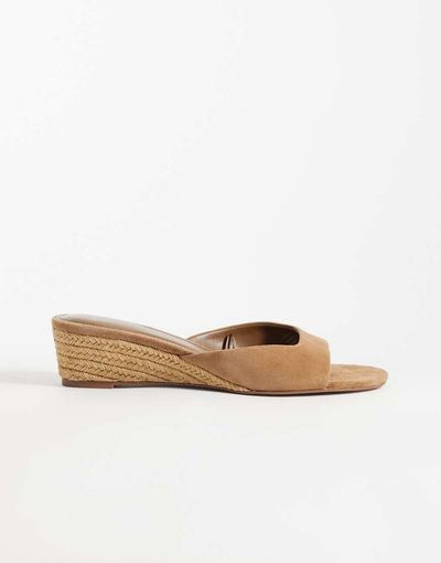 Mango Mango 100% suede leather heeled raffia wedge sandals in tan-Brown