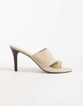 Mango Mango 100% suede leather heeled sandals with toe detail in sand-Brown