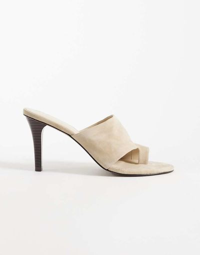 Mango Mango 100% suede leather heeled sandals with toe detail in sand-Brown