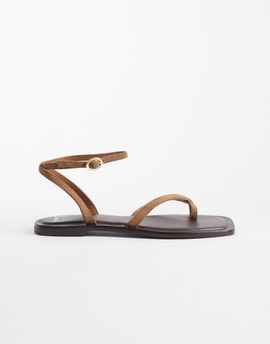 Mango Mango 100% suede leather strappy flat sandals in brown