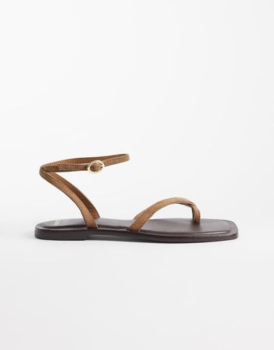 Mango Mango 100% suede leather strappy flat sandals in brown