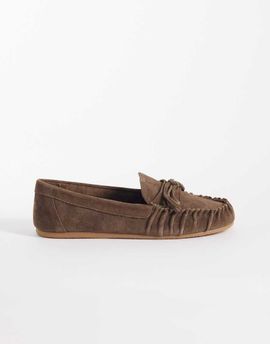 Mango Mango 100% suede loafers with ruched detail in chocolate-Brown