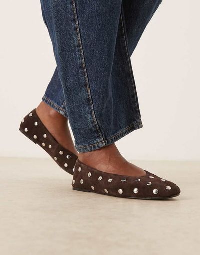 Mango Mango 100% suede studded ballet flats in chocolate-Brown