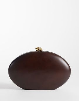 Mango Mango 100% wood oval clutch bag with detatchable chain in brown
