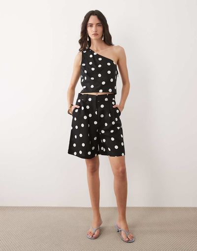 Mango Mango Abrei linen mix bermuda shorts in black and white polka dots - part of a set