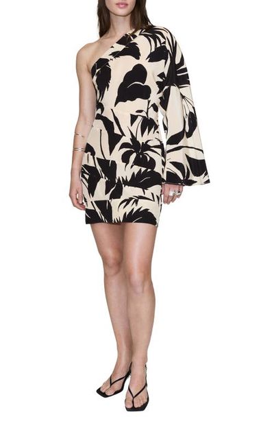 MANGO MANGO Abstract Leaf Print One Shoulder Minidress