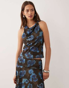 Mango Mango Alba cowl neck sleeveless top in brown and blue floral print - part of a set