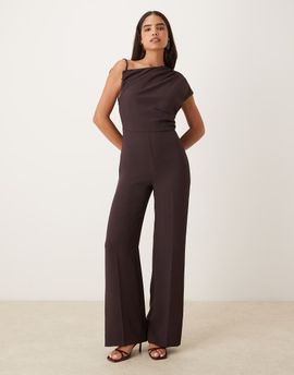 Mango Mango asymmetric ruched waist jumpsuit in brown