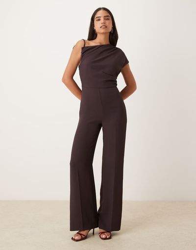 Mango Mango asymmetric ruched waist jumpsuit in brown