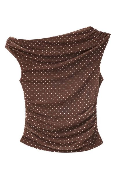 MANGO MANGO Asymmetrical Polka Dot Off the Shoulder Mesh Top