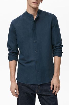 MANGO MANGO Band Collar Linen Blend Button-Up Shirt