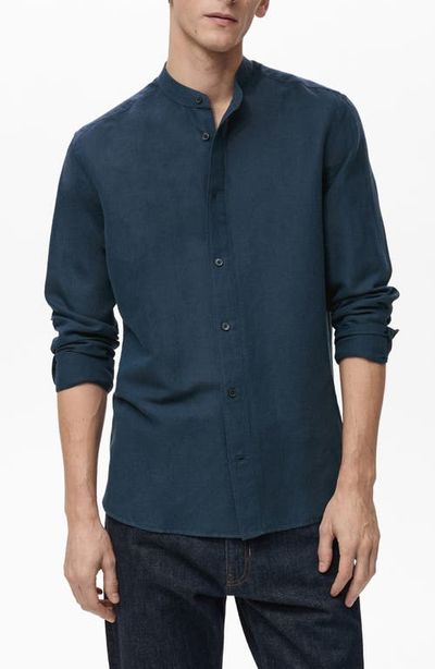 MANGO MANGO Band Collar Linen Blend Button-Up Shirt