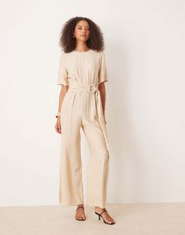 Mango Mango belt detail jumpsuit in beige-Neutral