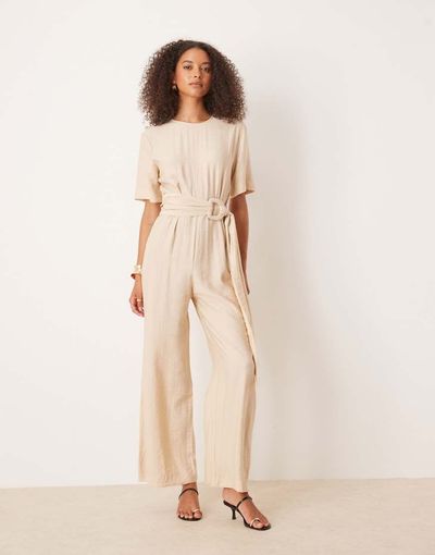 Mango Mango belt detail jumpsuit in beige-Neutral
