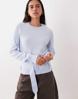 Mango Mango belted knit sweater in pale blue