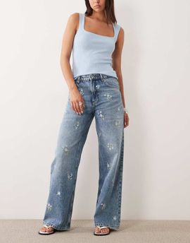 Mango Mango Beverly cotton mix straight jeans with floral embroidery in blue