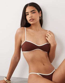 Mango Mango bikini top in brown with white trim