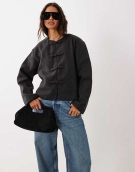 Mango Mango bomber jacket with mandarin buttons in charcoal-Gray