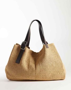 Mango Mango buckle detail woven tote in beige-Neutral