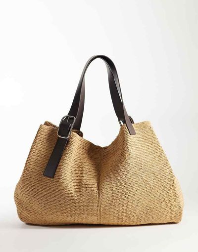 Mango Mango buckle detail woven tote in beige-Neutral