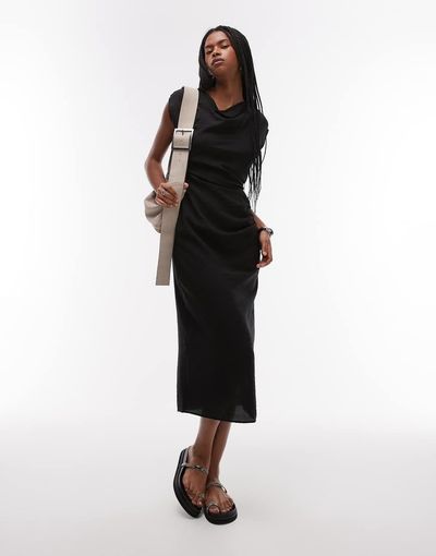 Mango Mango cap sleeve midi dress with ruched side in black