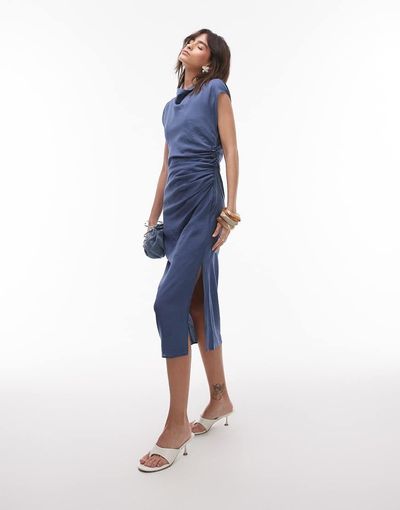 Mango Mango cap sleeve midi dress with ruched side in petrol blue