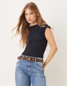 Mango Mango cap sleeve textured sleeveless top in navy