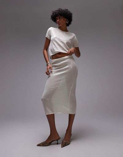 Mango Mango capsule embellished midi skirt in oyster - part of a set-Neutral