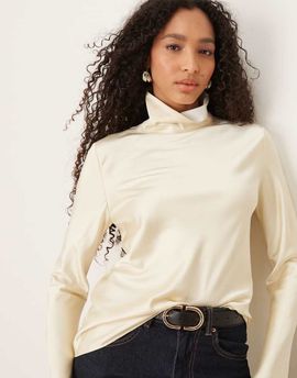 Mango Mango Capsule high neck long sleeve satin top in cream-White