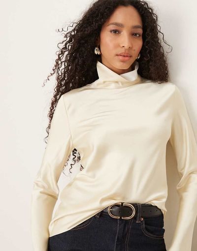 Mango Mango Capsule high neck long sleeve satin top in cream-White