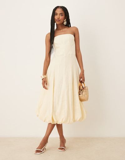 Mango Mango capsule linen bandeau structured midi dress in buttermilk-Yellow