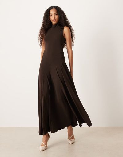 Mango Mango Capsule sculpt high neck maxi dress in brown