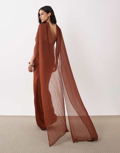 Mango Mango Capule satin maxi dress with scarf in brown