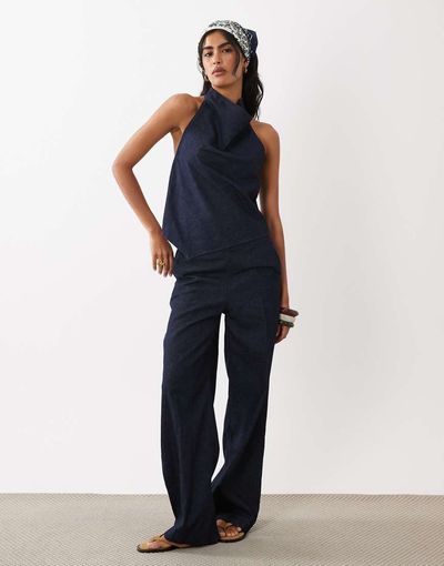 Mango Mango Carla linen mix denim pants in indigo - part of a set-Blue