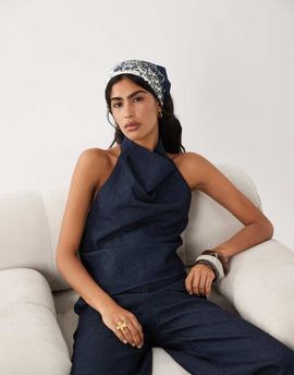 Mango Mango Carla linen mix halter neck denim top in indigo - part of a set-Blue