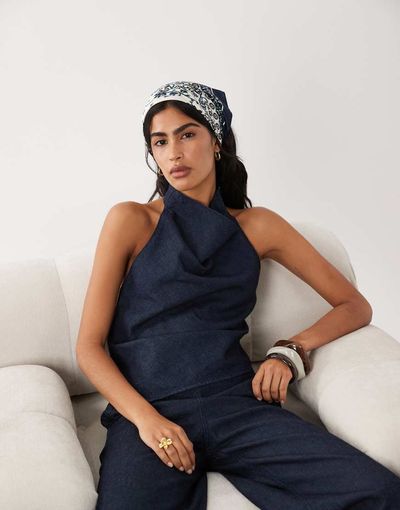 Mango Mango Carla linen mix halter neck denim top in indigo - part of a set-Blue