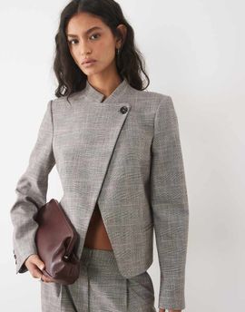 Mango Mango Celia high neck button detail blazer set in gray check print-Brown