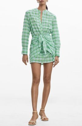 MANGO MANGO Check Tie Front Long Sleeve Shirtdress