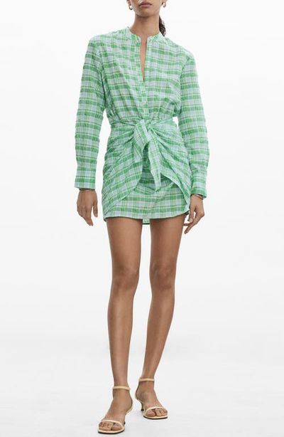 MANGO MANGO Check Tie Front Long Sleeve Shirtdress