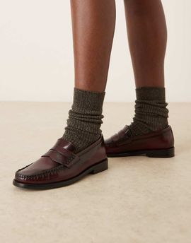 Mango Mango classic 100% leather loafers in vintage look cherry red