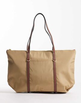 Mango Mango classic tote bag with contrast straps in tan-Brown