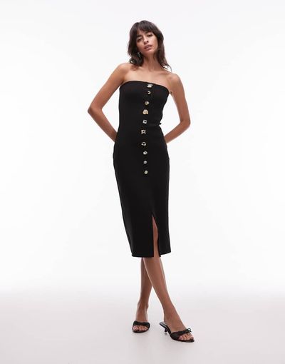 Mango Mango compact knit bandeau midi dress with statement buttons in black