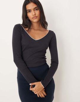Mango Mango contrast tipping long sleeve fine knit top in navy