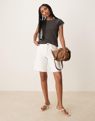Mango Mango contrast trim cap sleeve t-shirt in charcoal-Gray