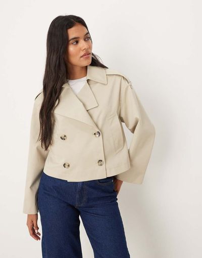 Mango Mango cotton mix cropped trench coat in beige-Neutral