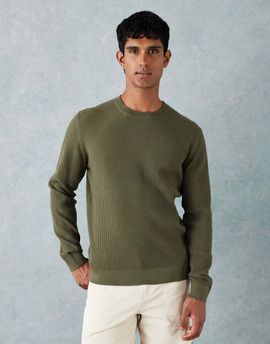Mango Mango cotton mix knit crew neck sweater in olive green-Neutral