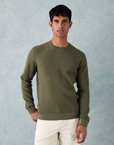 Mango Mango cotton mix knit crew neck sweater in olive green-Neutral