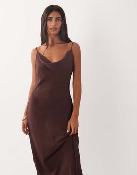 Mango Mango cowl neck strappy satin midaxi dress in brown