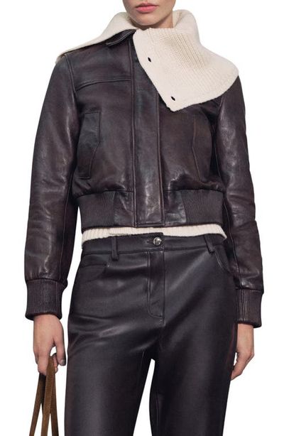MANGO MANGO Crop Leather Bomber Jacket